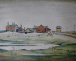 lowry signed prints, landscape with farm buildings