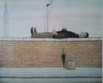 lowry signed prints, man lying on a wall